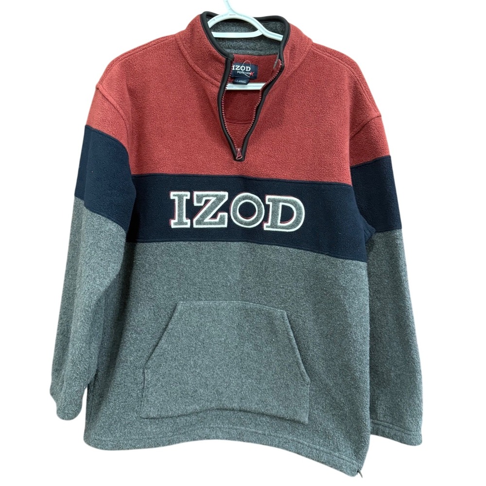 IZOD Performance Fleece Pullover‎ Sweater Youth Large (14/16) Red Navy Gray